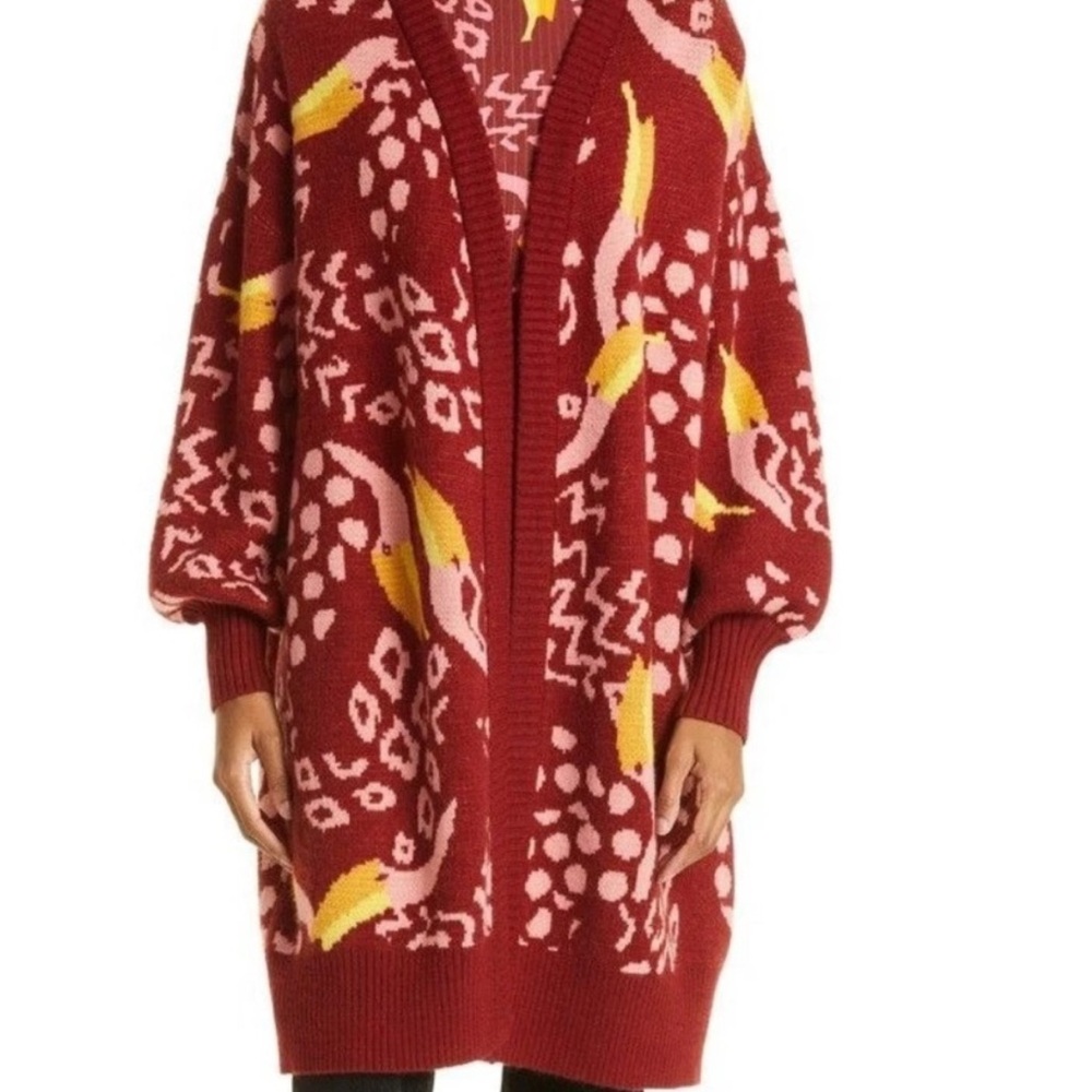 FARM Rio Red Patterned Long Cardigan with Pink and Yellow Details
